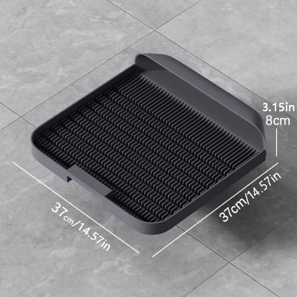 Large black cat litter pedal with slanted mouth design and non-slip base, 37cm square