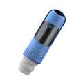 Dark blue portable dog water bottle with built-in drinking bowl, shown with leak-proof lock.
