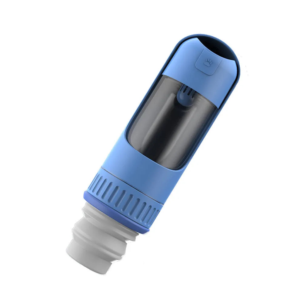 Dark blue portable dog water bottle with built-in drinking bowl, shown with leak-proof lock.