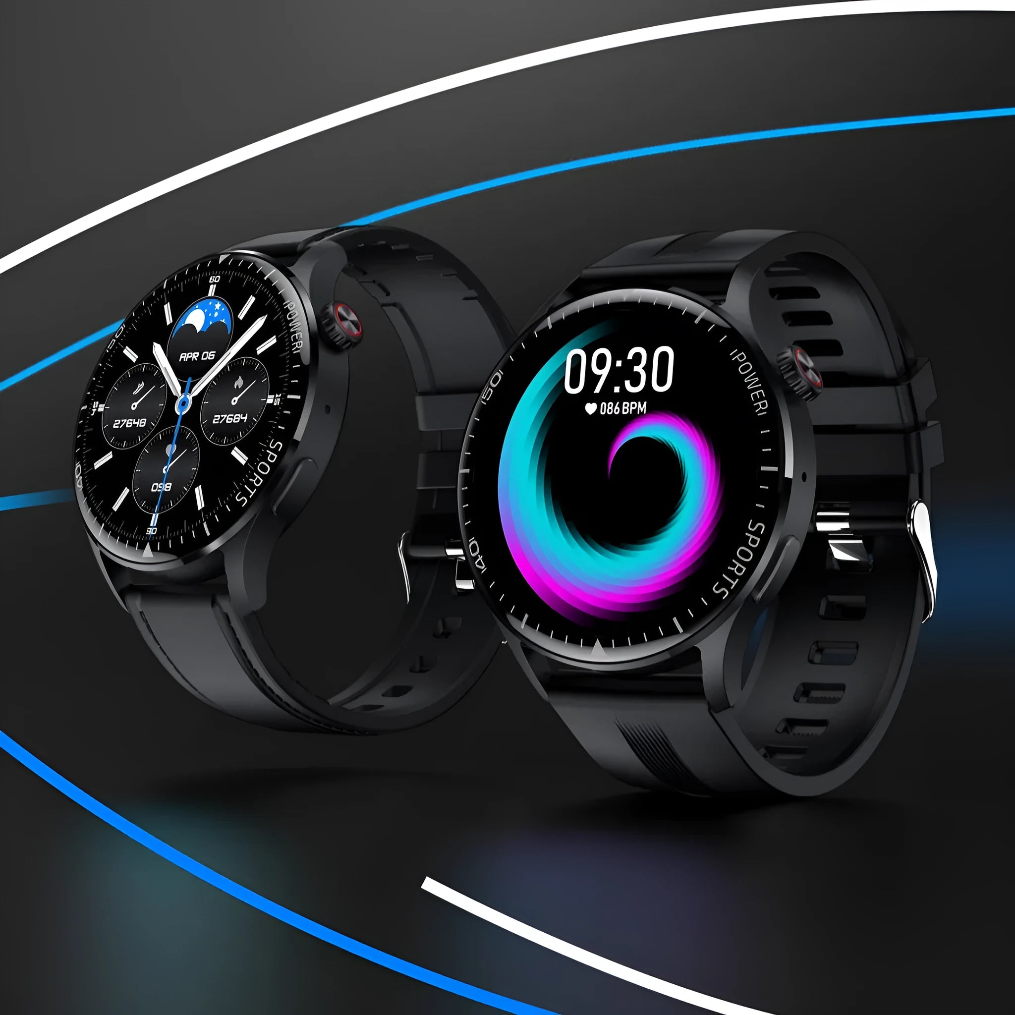 F59plus smart watch with HD IPS screen, heart rate and blood oxygen monitoring, Bluetooth call, in obsidian black leather band