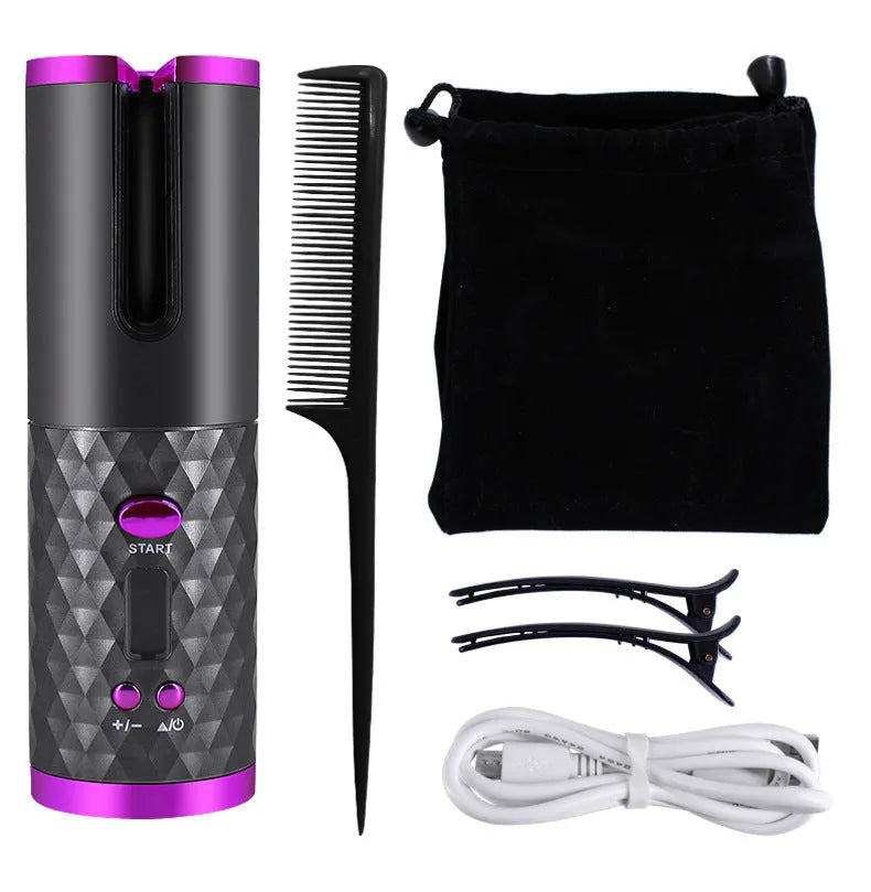 Rechargeable automatic rotating hair curler with LCD display in pink, grey, white, or black.