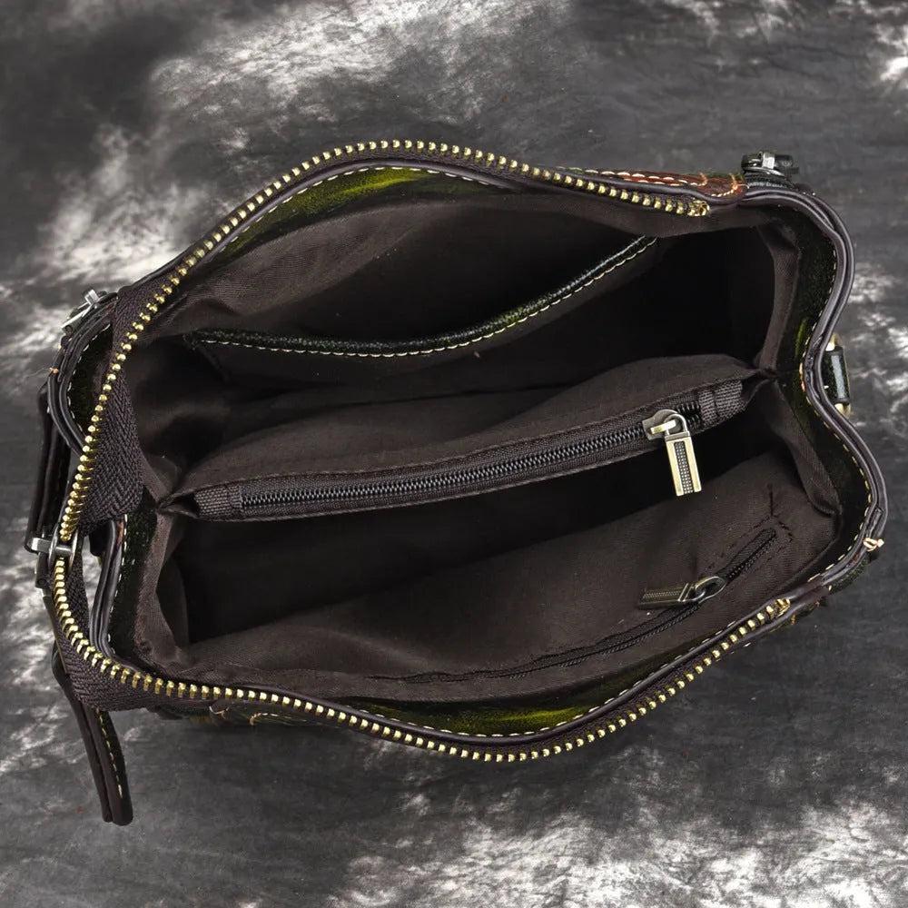 Brown genuine leather women's shoulder bag showing internal organisation compartments and vintage styling