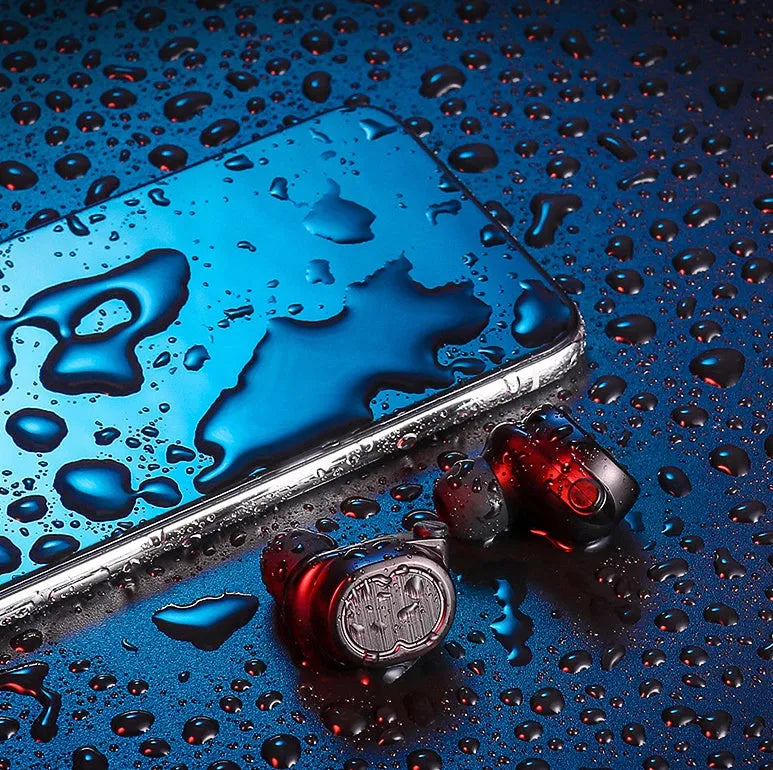 Bluetooth wireless earbuds in black, white, red, and blue colours showing earbud design