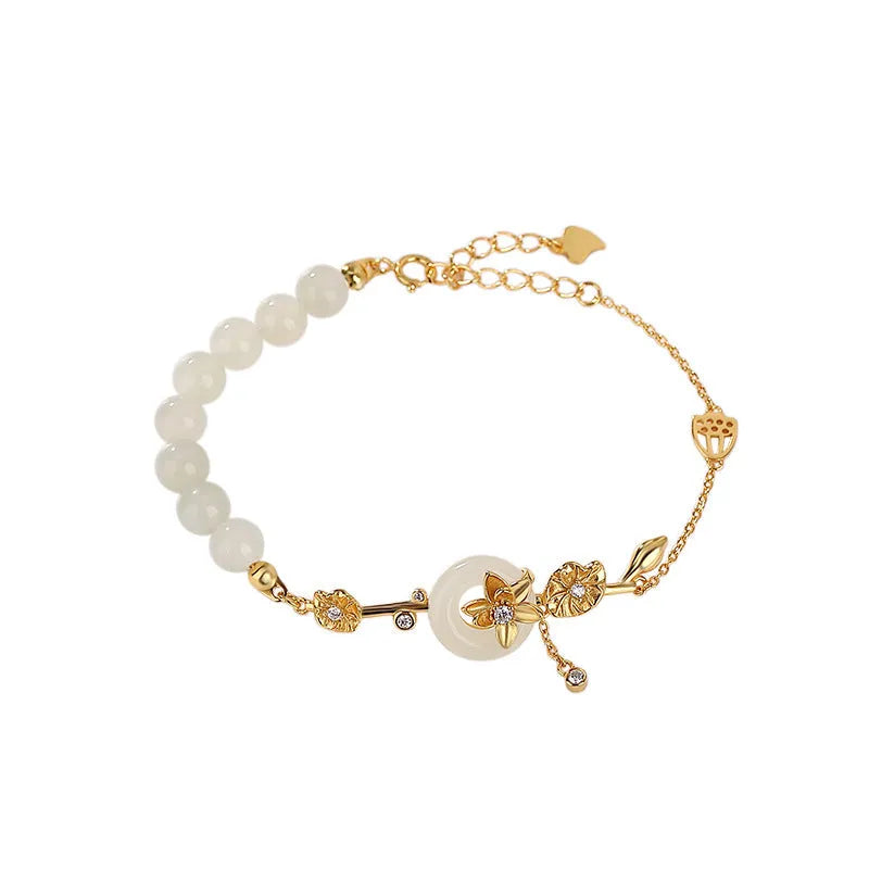 Hetian jade lotus peace buckle bracelet in 925 sterling silver with gold or silver plating