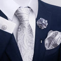 Men's floral embroidery tie and pocket square set in polyester yarn with jacquard weave, 147cm length