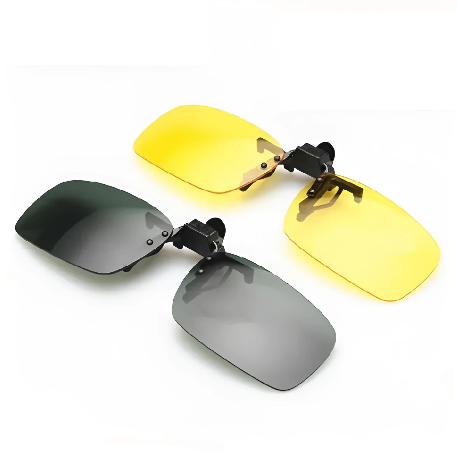 PC plastic clip-on sunglasses for prescription glasses in dark green, grey, and night vision tints
