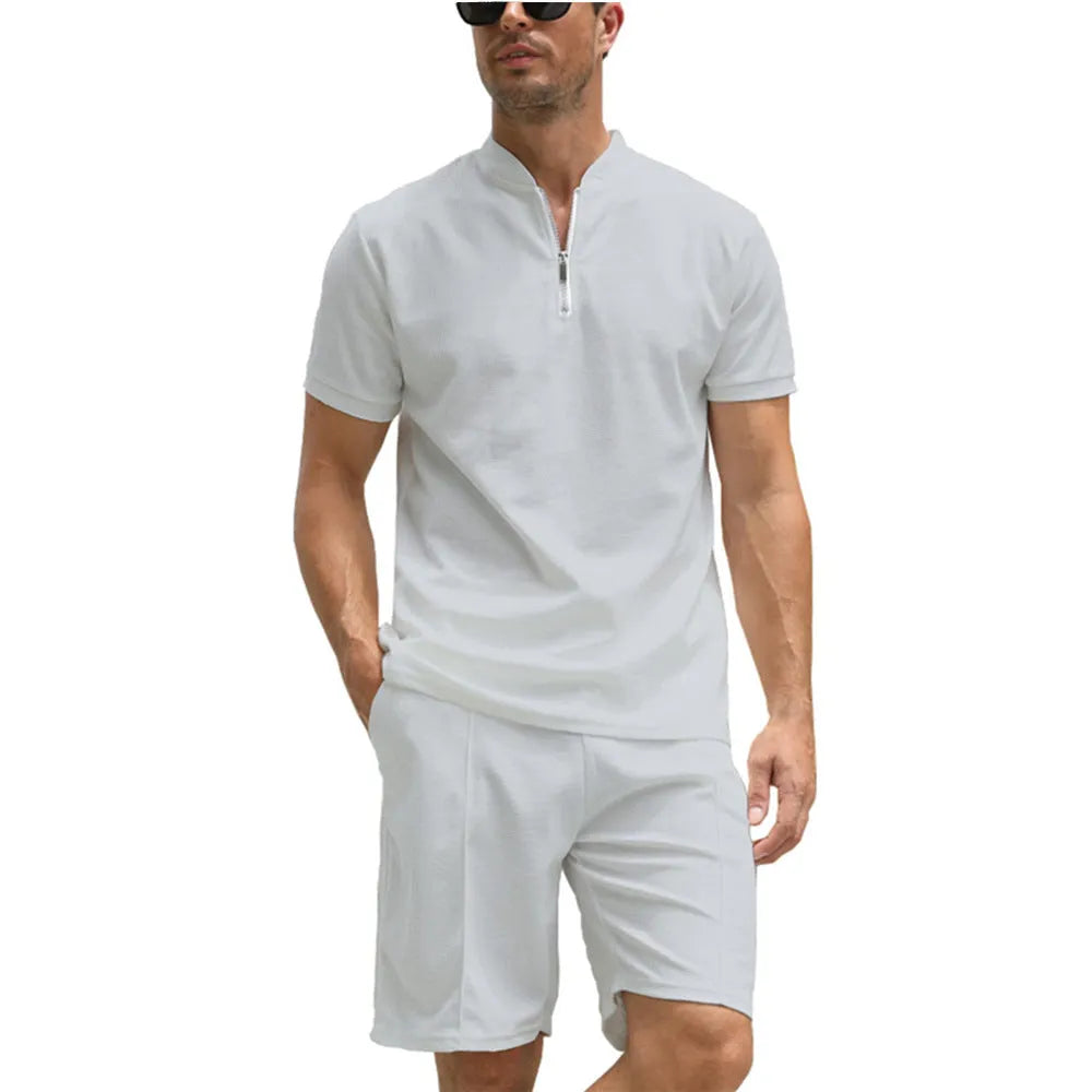 Men's solid colour short sleeve polo shirt and matching trousers two-piece suit set