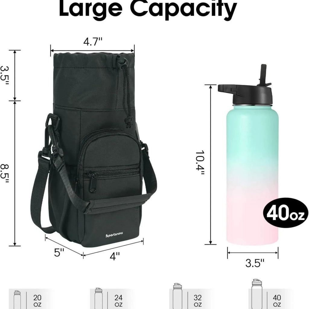 Canvas water bottle pouch with elastic drawstring closure showing black, green, and pink colour options