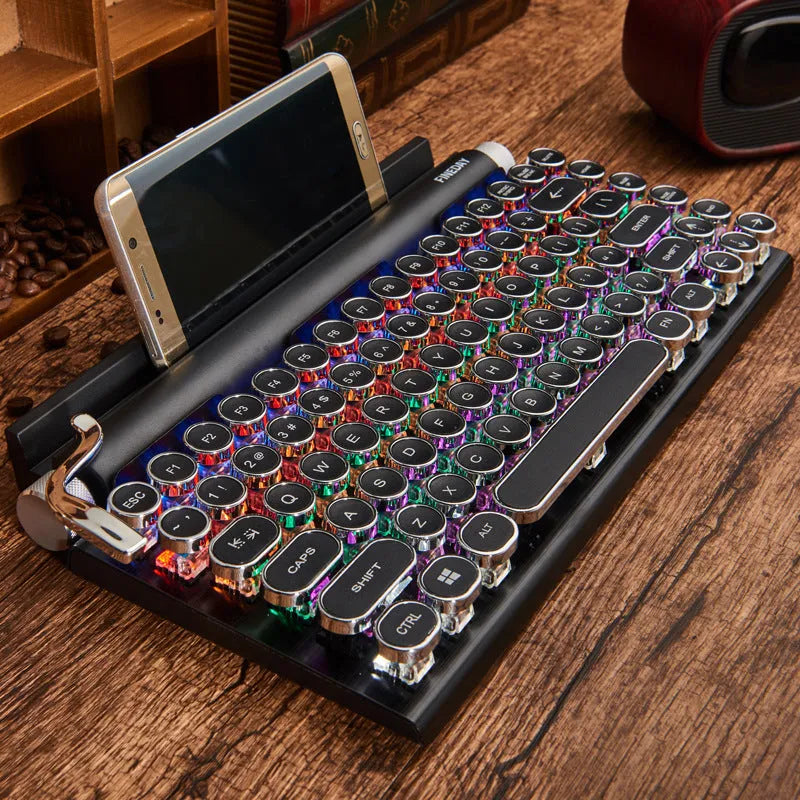 Dot retro Bluetooth mechanical keyboard with black metal casing and seven-colour backlit keys