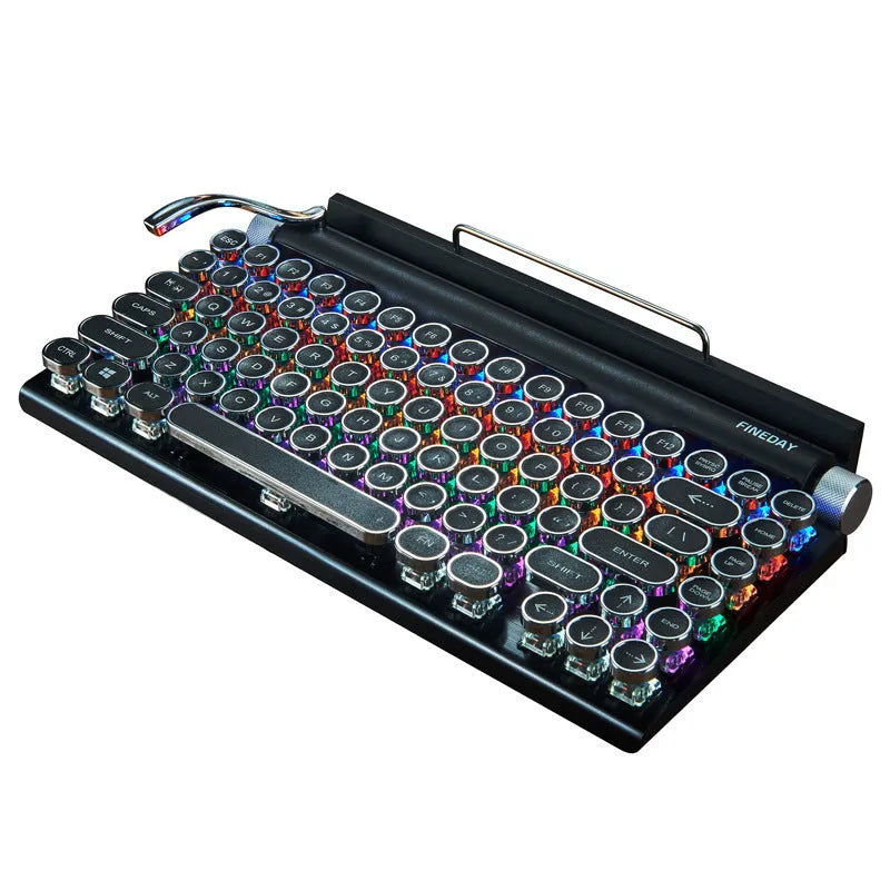 Dot retro Bluetooth mechanical keyboard with black metal casing and seven-colour backlit keys