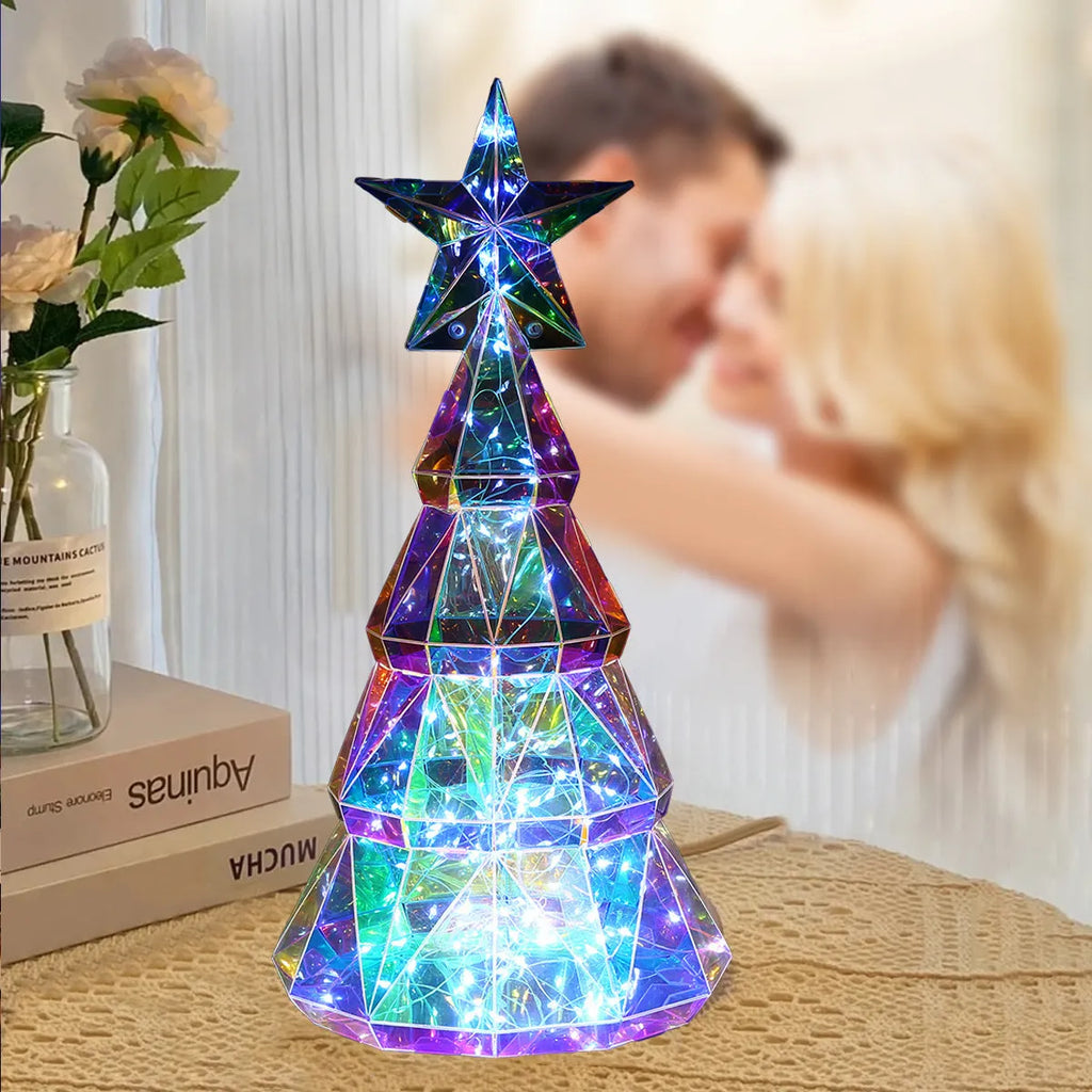 Colourful cartoon-style Christmas tree LED decoration with glowing yellow lights