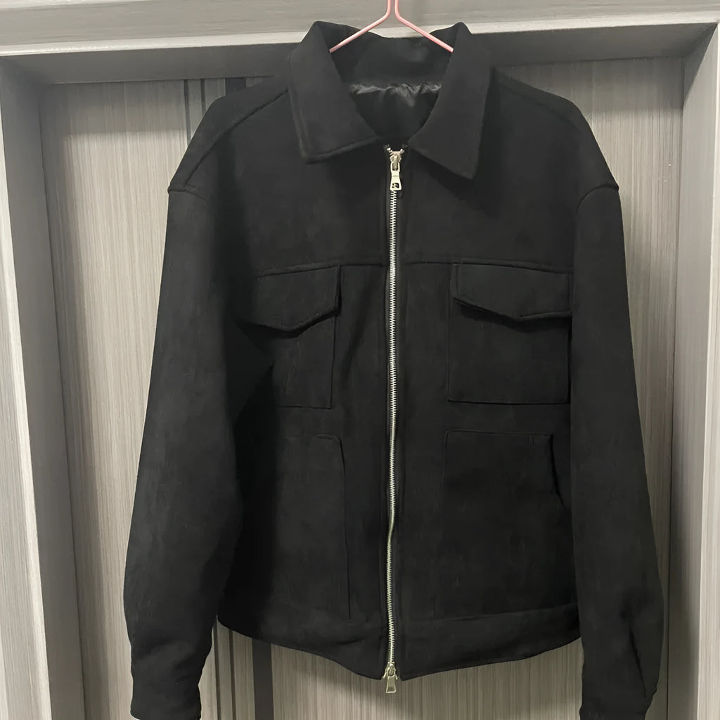 Slim-fit men's jacket with zipper, large pockets, and straight hem in camel, black, or dark grey.