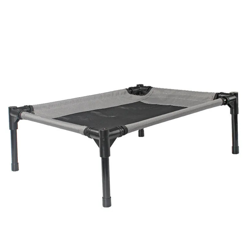 Black outdoor dog bed with removable oxford cloth cover and steel frame measuring 55cm long