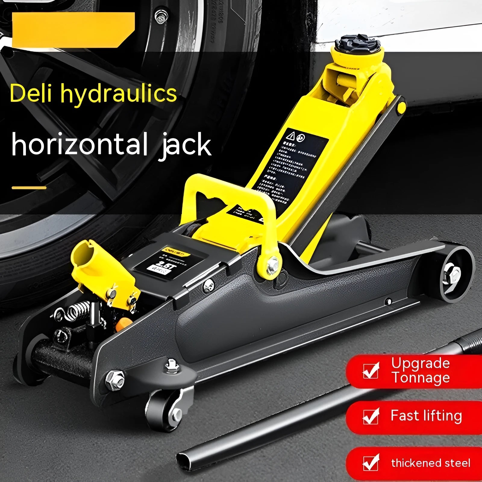Horizontal hydraulic low profile car lifting jack with handle for tyre changes