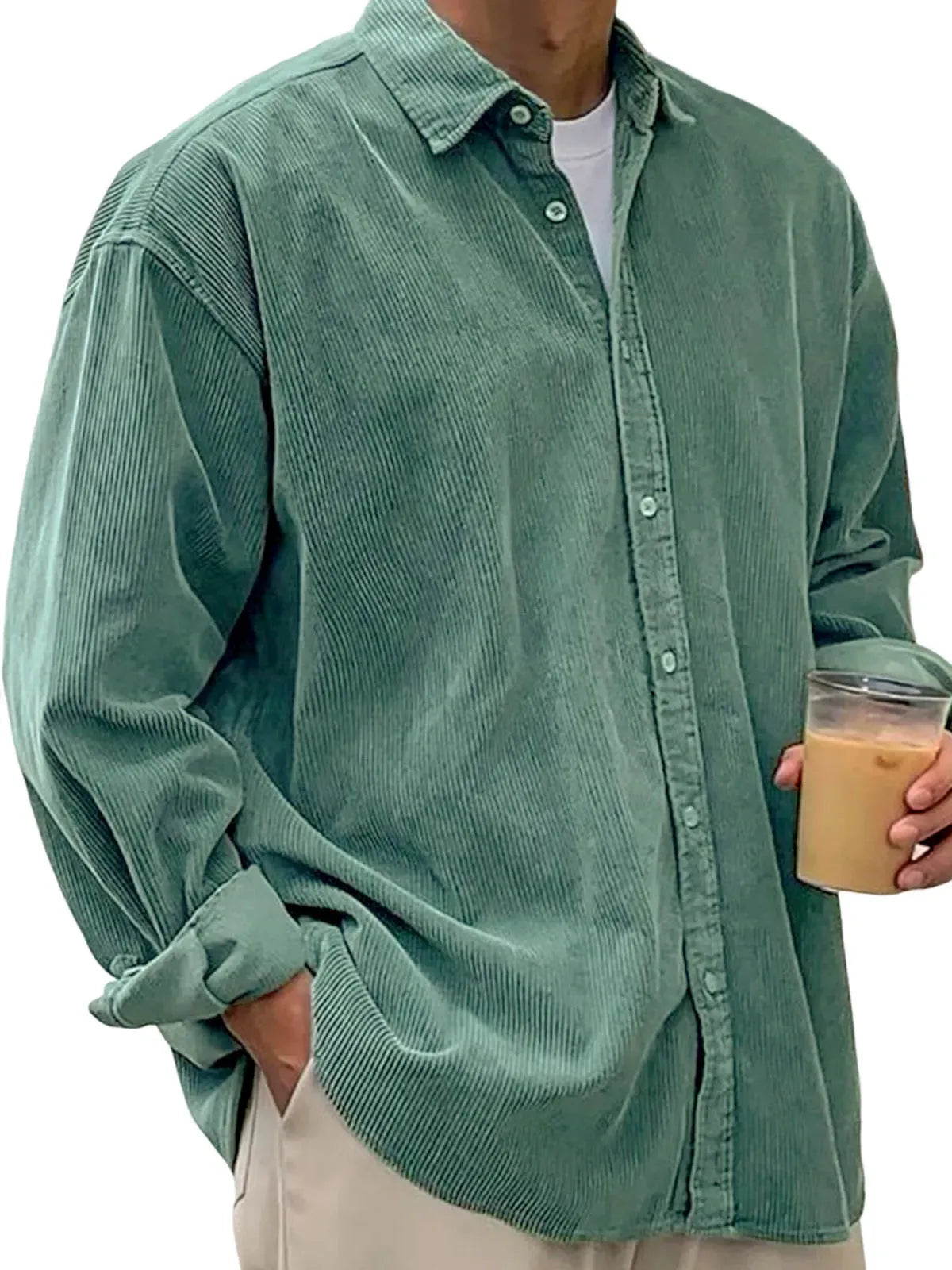 Men's casual loose corduroy shirt jacket in solid colour, cardigan style, autumn winter wear