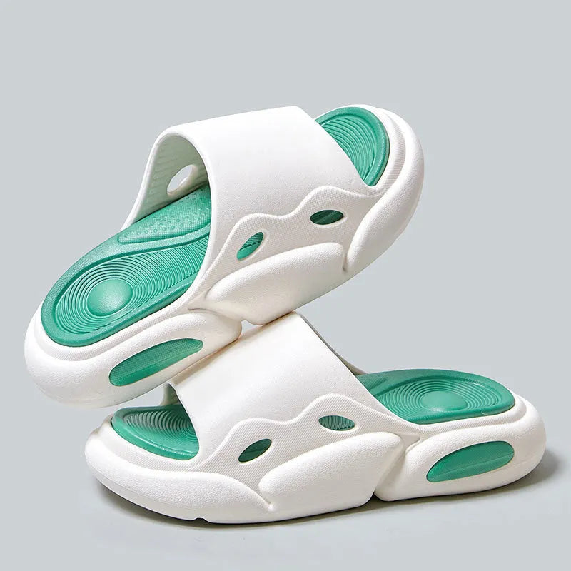 Pink purple and white green two-colour unisex slippers with thick EVA sole and leather lining.