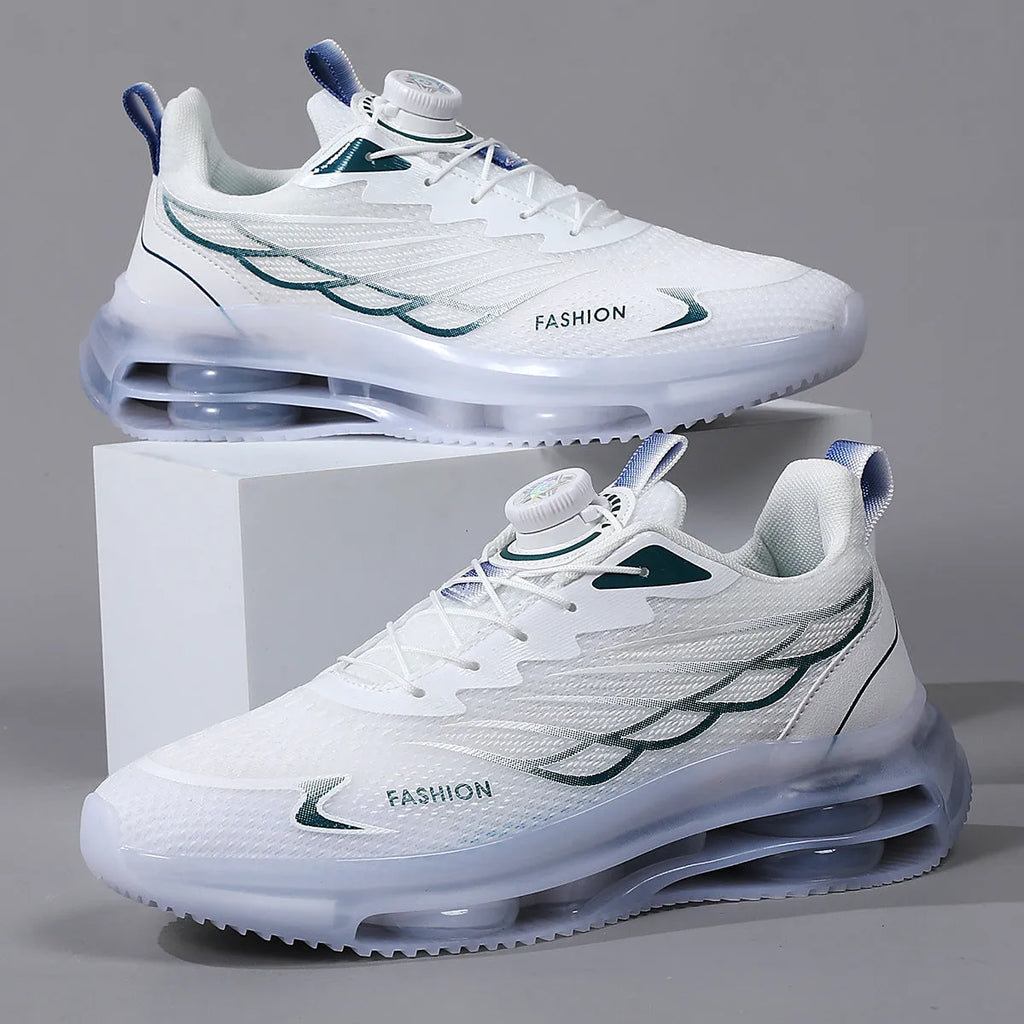 Men's white low-top mesh casual shoes with rotating button and lace-up closure, rubber sole.