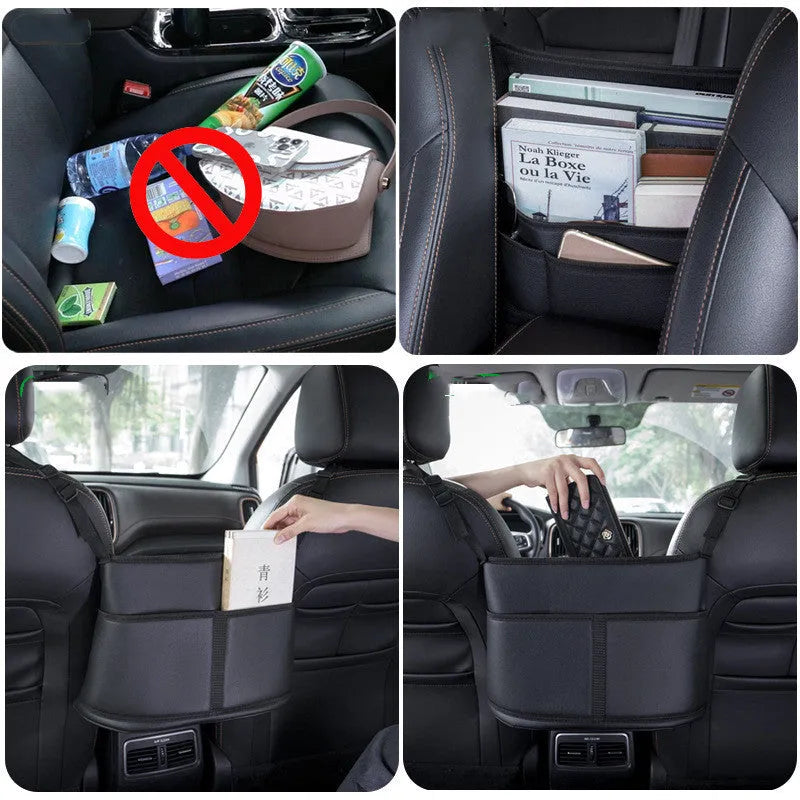 Black leather car seat storage organiser with sports carbon fibre pattern measuring 38x24x15cm