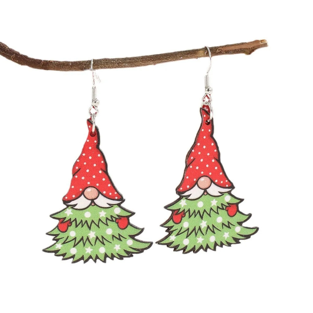 Wooden Christmas earrings with printed Christmas Tree and Water Drop Christmas Snowman designs