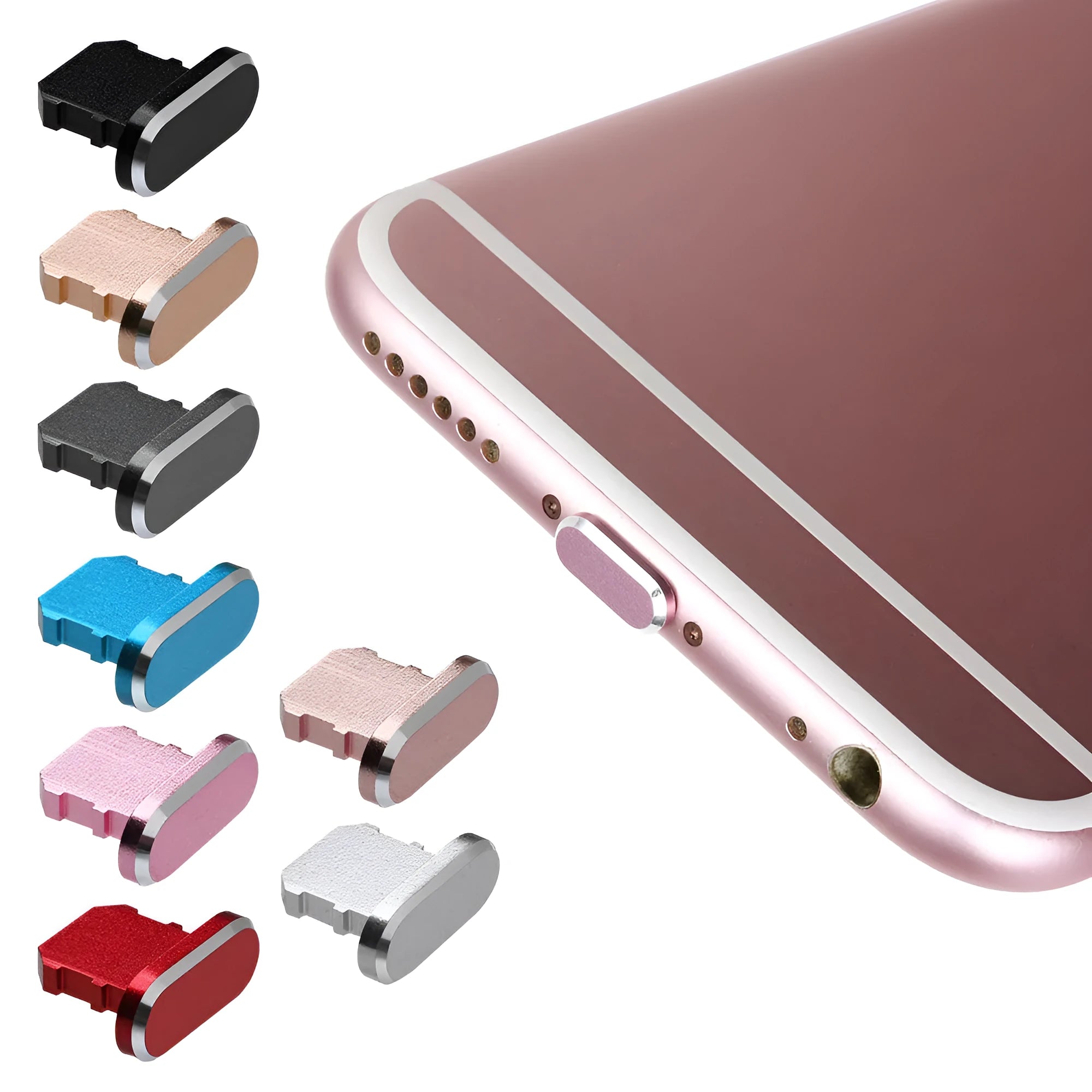 Aluminium alloy iPhone charging port dust plug shown in gold, silver, and rose gold colours.