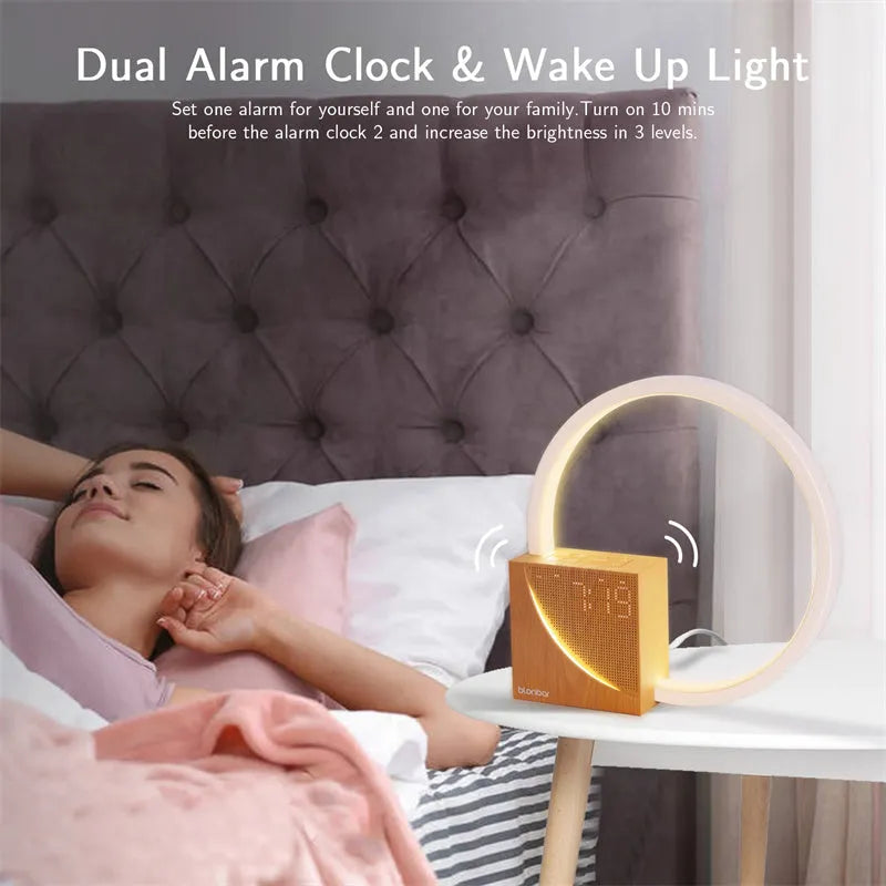 Navy blue wooden finish touch control bedside lamp with digital alarm clock display and natural sounds.