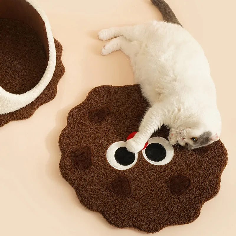 Khaki cookie-shaped enclosed cat bed for winter sleeping