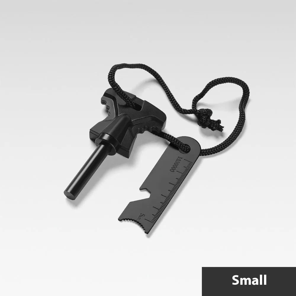 Butterfly-shaped stainless steel survival tool with firesteel, blade, and bottle opener.