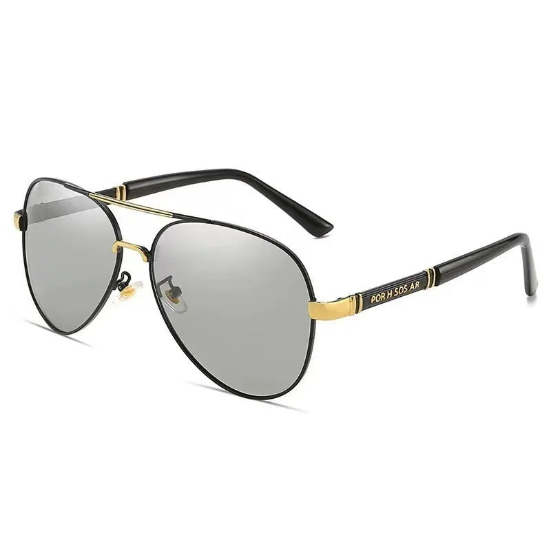 Men's metal-frame polarised sunglasses in gold, shown with decorative dragon and phoenix motifs.