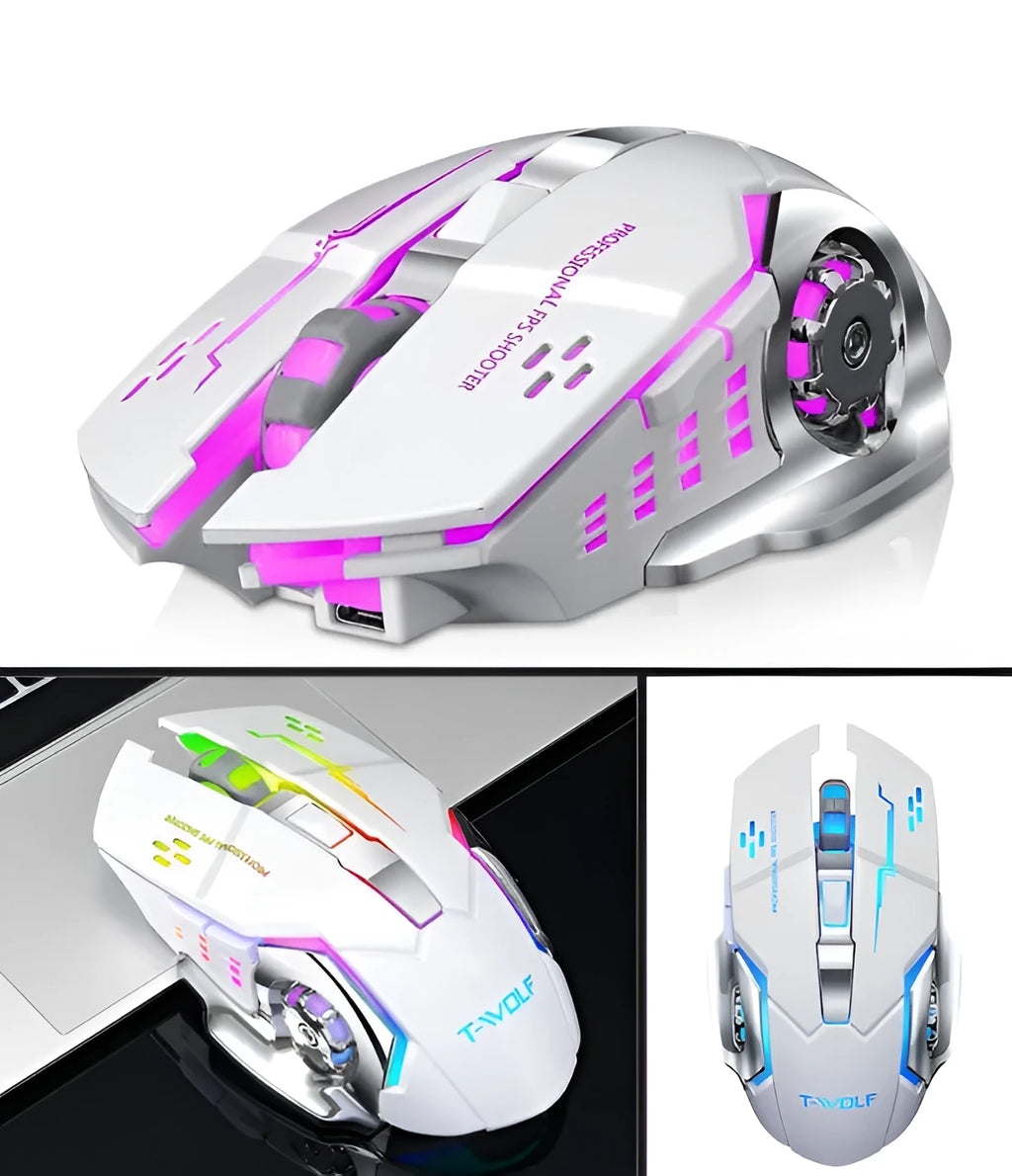 Black and white wireless computer mouse with USB charging cable and silent buttons.
