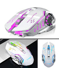 Black and white wireless computer mouse with USB charging cable and silent buttons.