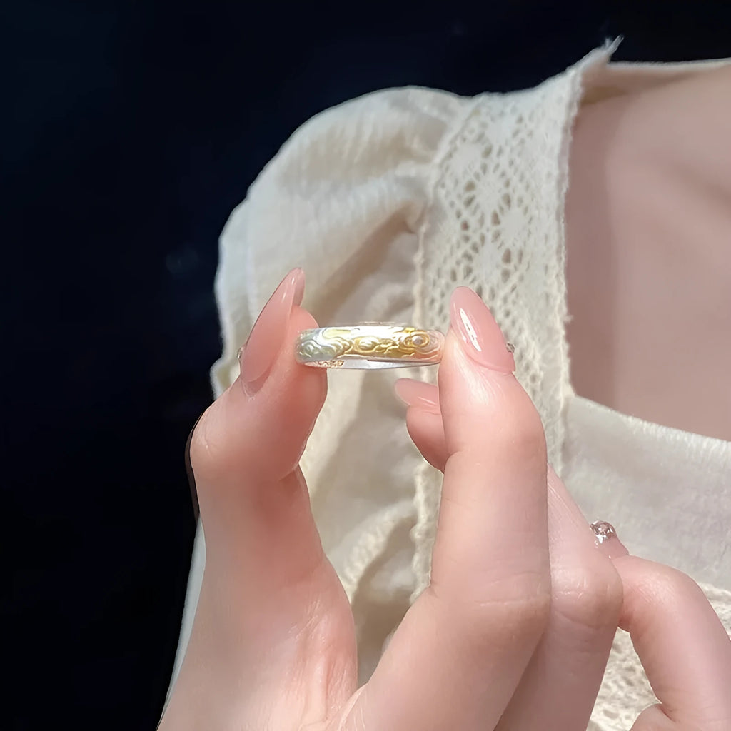 White copper adjustable open ring with xiangyun cloud patterns and electroplated silver gold finish