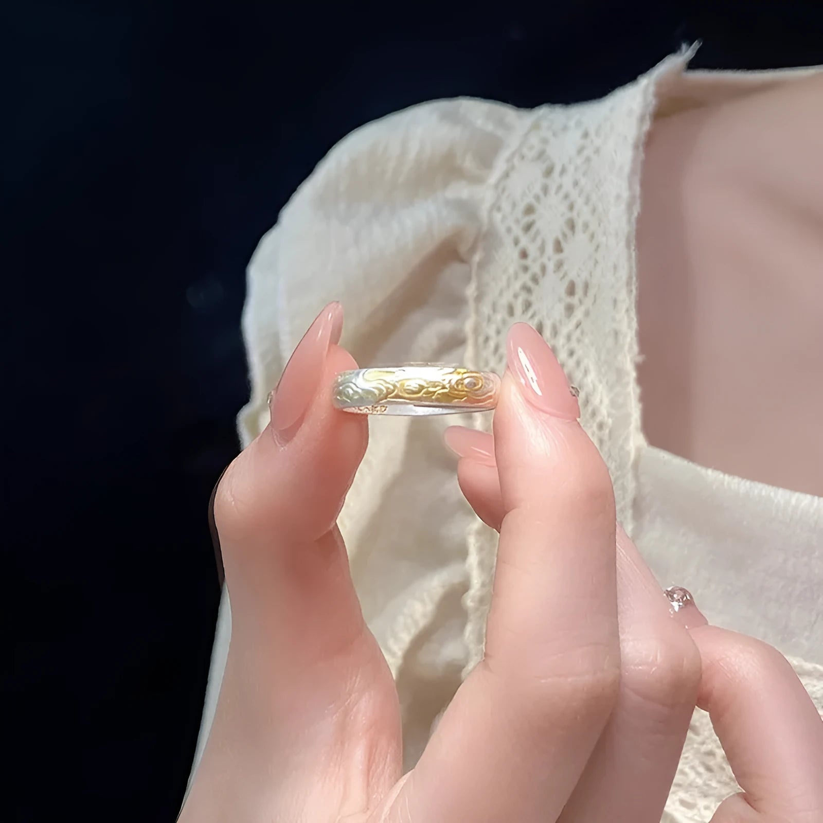 White copper adjustable open ring with xiangyun cloud patterns and electroplated silver gold finish