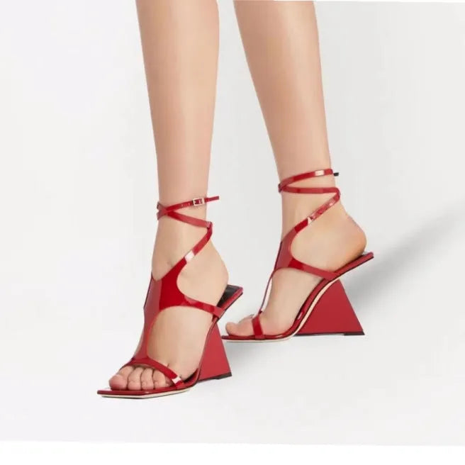 Women's black strappy high heel sandals with a square toe and 9.5cm block heel.
