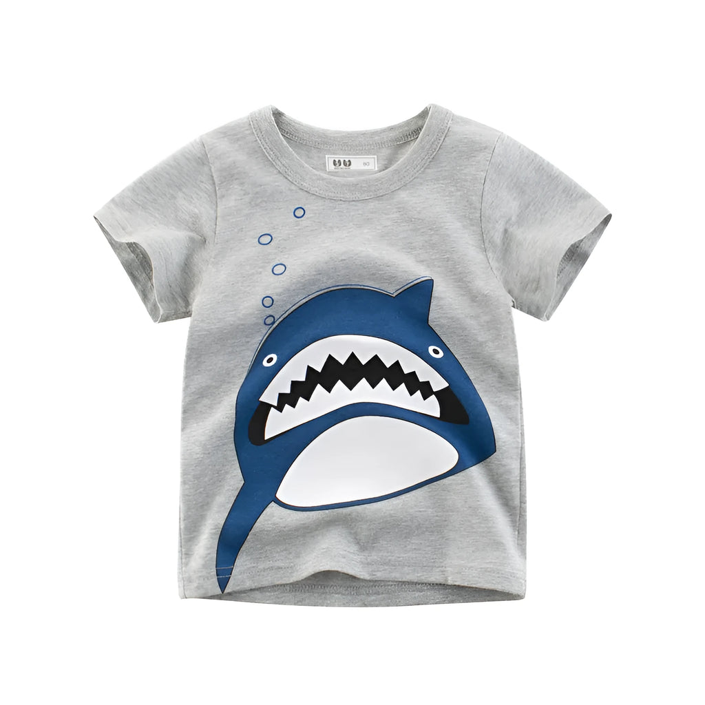 Grey cotton children's T-shirt showing front view with size options from 90cm to 140cm
