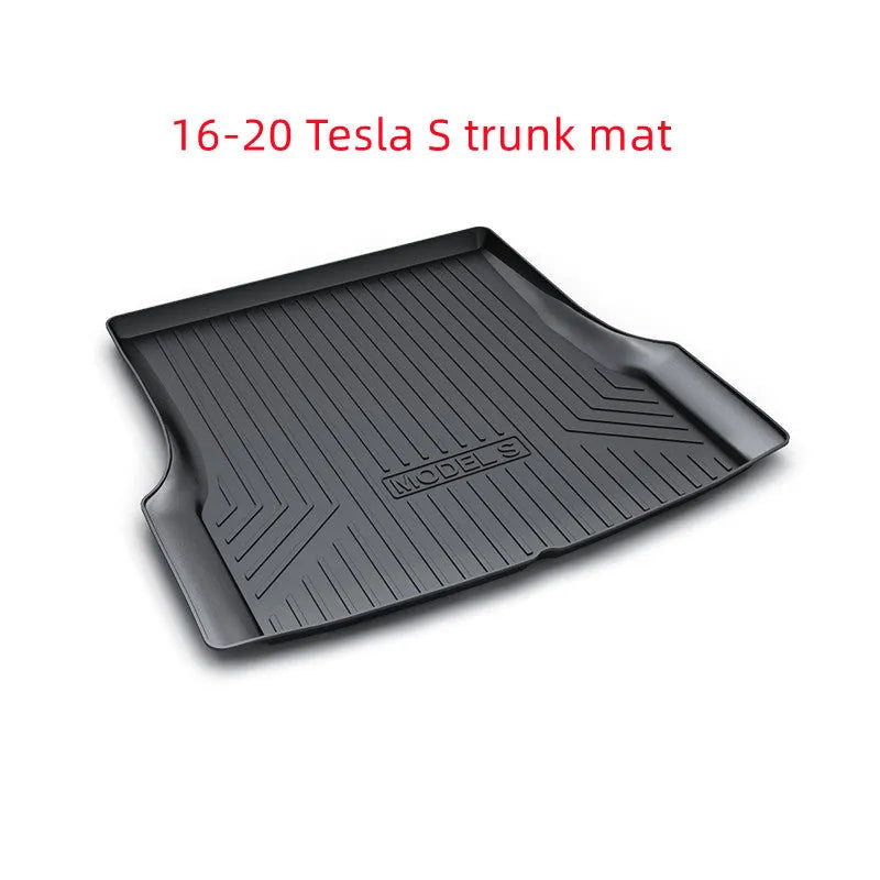 Heavy-duty rubber floor mats for Tesla cars with TPE footrest section.