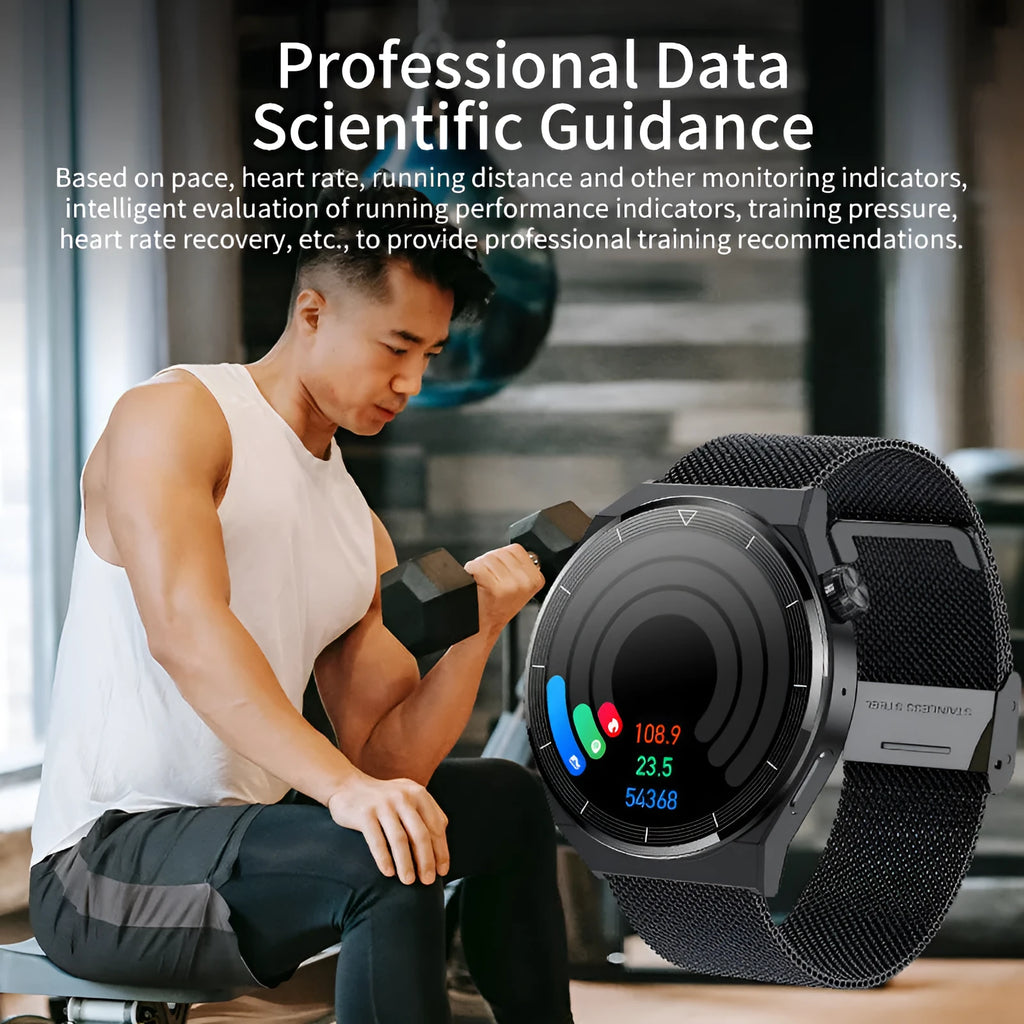 Black silicone smartwatch with silver vinyl case showing health metrics on TFT screen