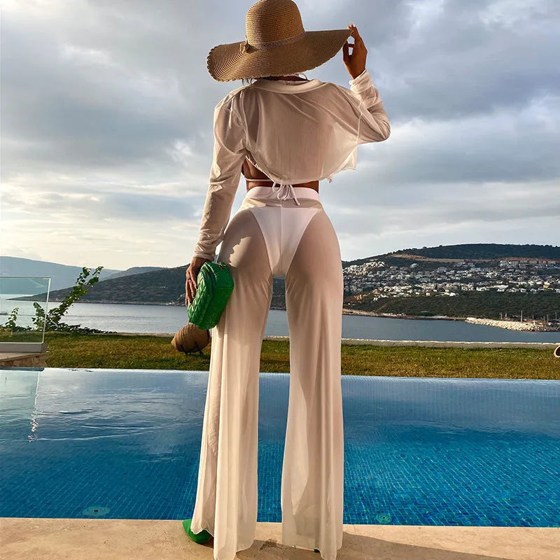 Women's white high waist swimsuit four-piece set with backless design