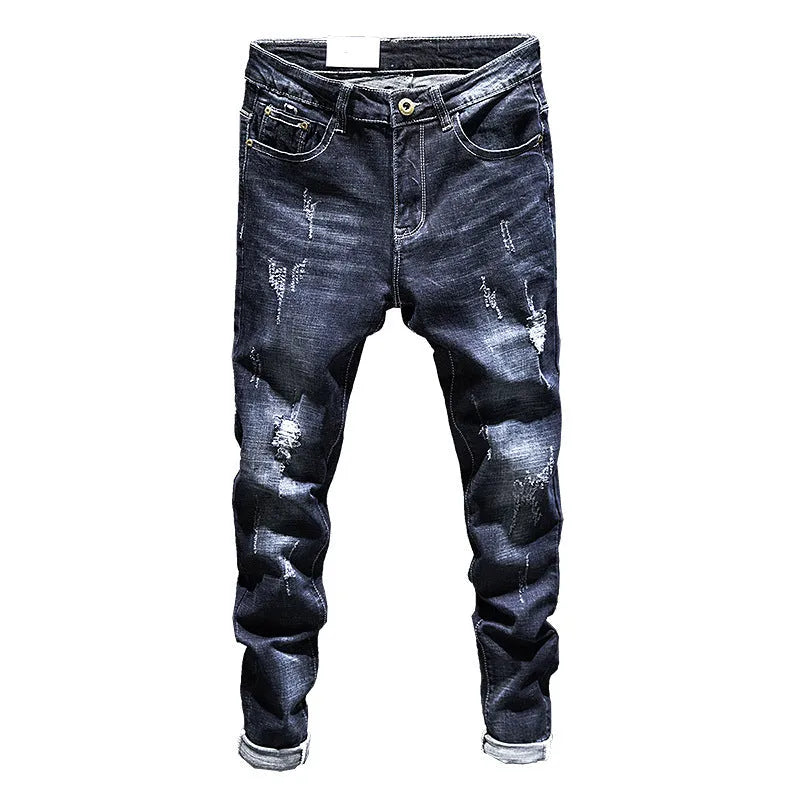 Men's slim-fitting skinny jeans in dark blue denim with a mid-waist design.