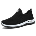 Men's black and grey breathable casual shoes with mesh lining and flat sole.