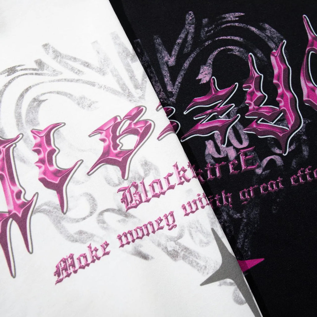 Men's black cotton t-shirt with printed retro design pattern, short sleeves, and loose fit