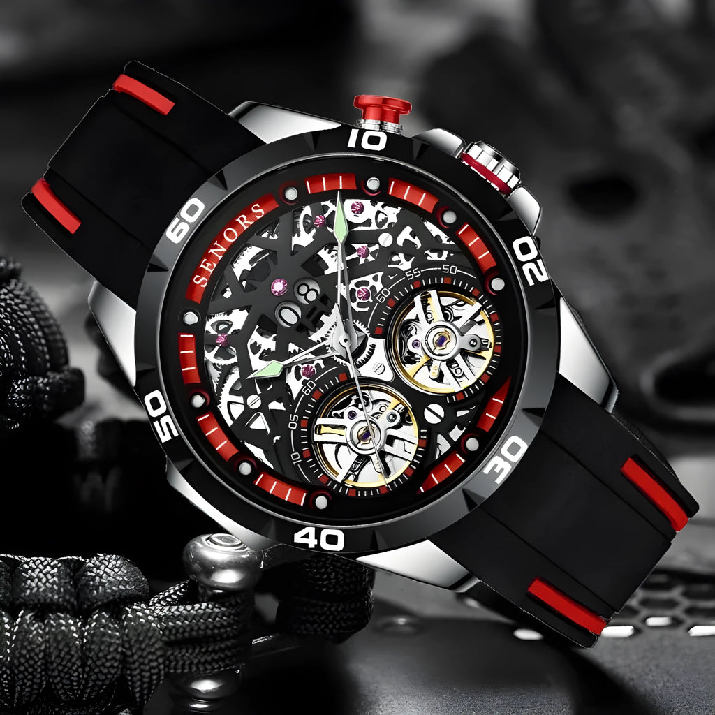 Automatic mechanical men's watch with luminous skeleton dial in blue colour option.