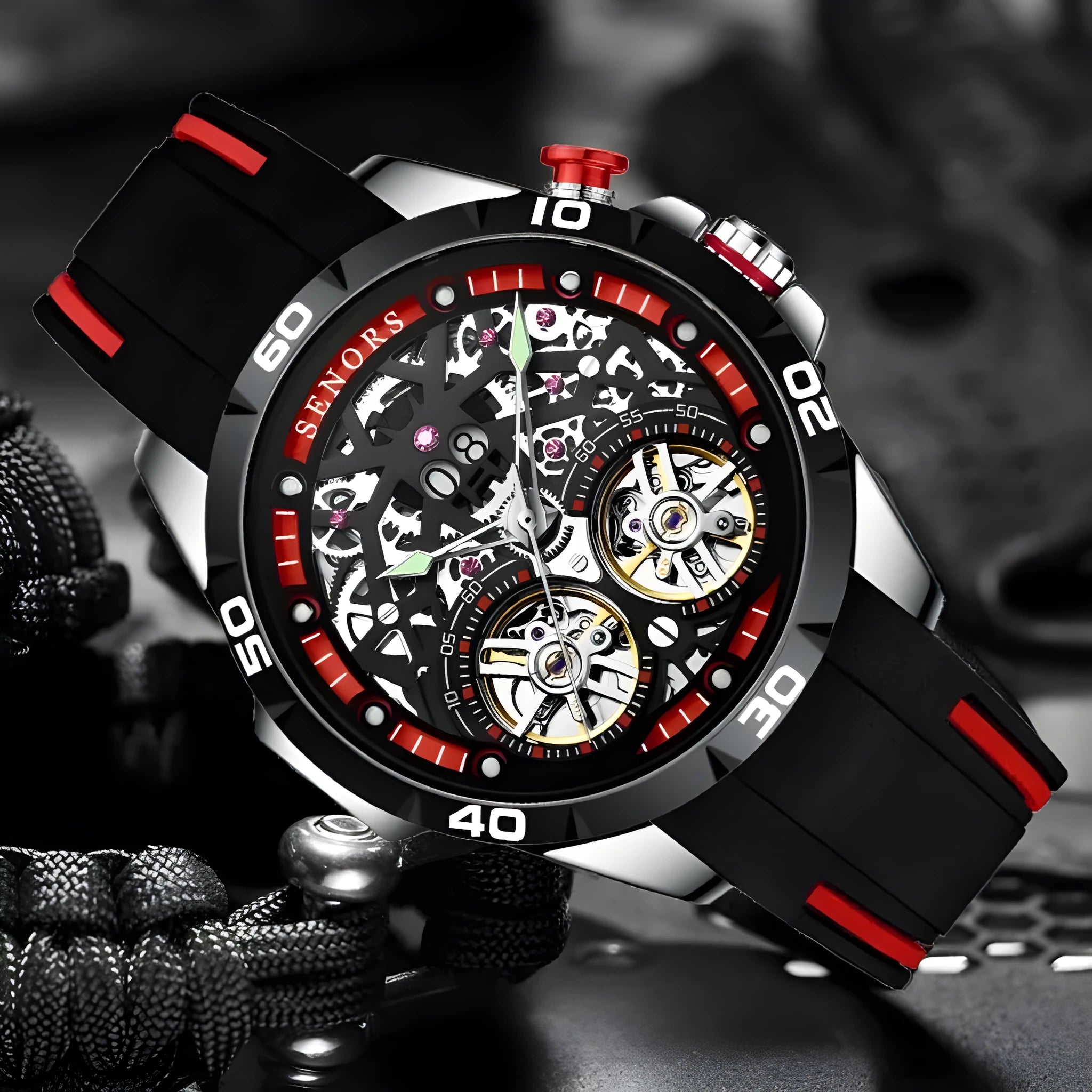 Automatic mechanical men's watch with luminous skeleton dial in blue colour option.