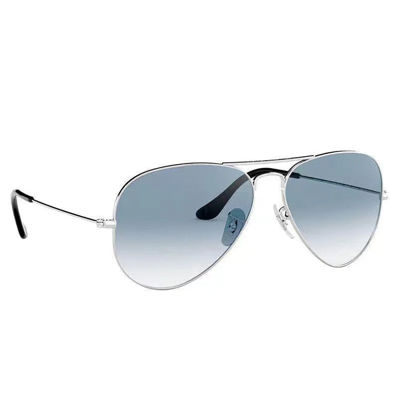 Tempered glass sunglasses with a choice of gold, silver, or black frames and dark green or blue gradient lenses.