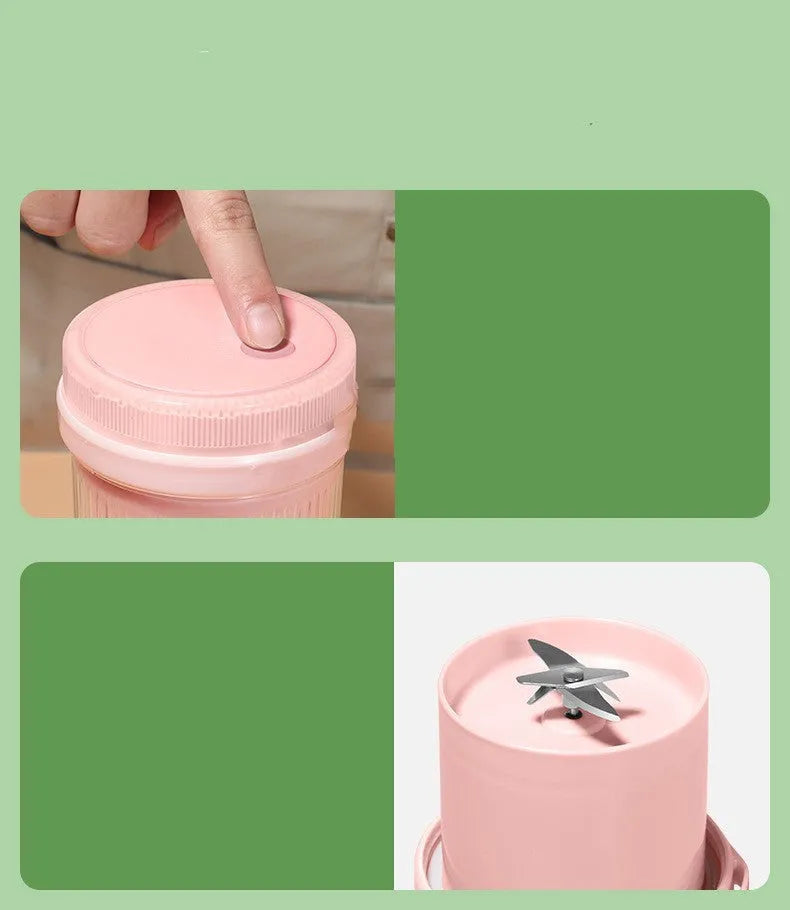 Portable juicer 380ml USB rechargeable in pink, blue, green, dark blue, and white on a white background