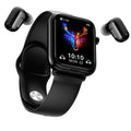 Black smartwatch with 1.69 inch screen and TWS wireless earbuds in charging case