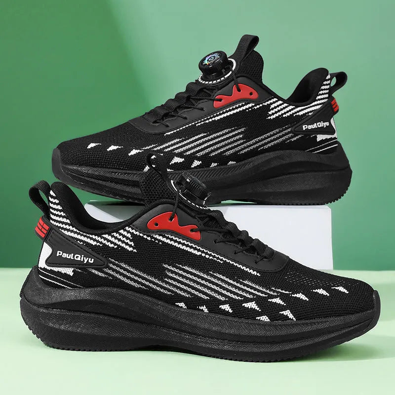 Men's Fly-knit mesh running shoes with rotating buckle closure in black, gray, and white-green colour options
