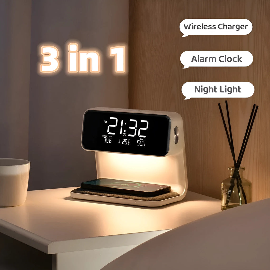 White 3-in-1 bedside lamp with wireless charging pad, LCD clock screen, and fabric-effect ABS shade.