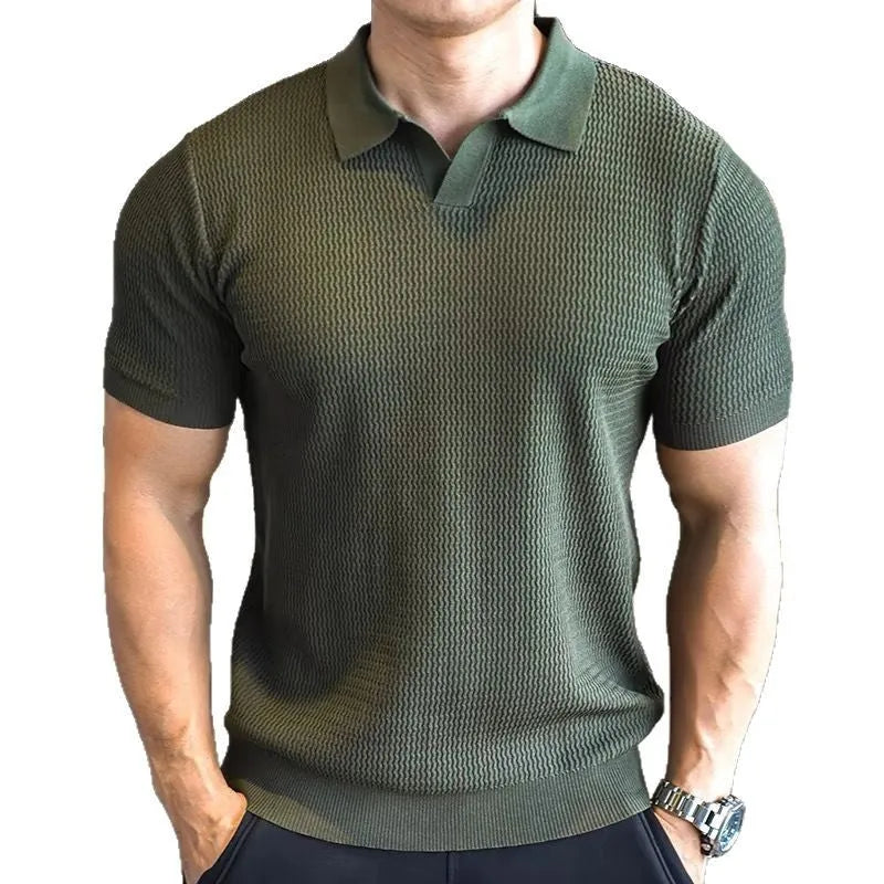 Men's slim fit henry collar polo shirt in lightweight polyester fabric.