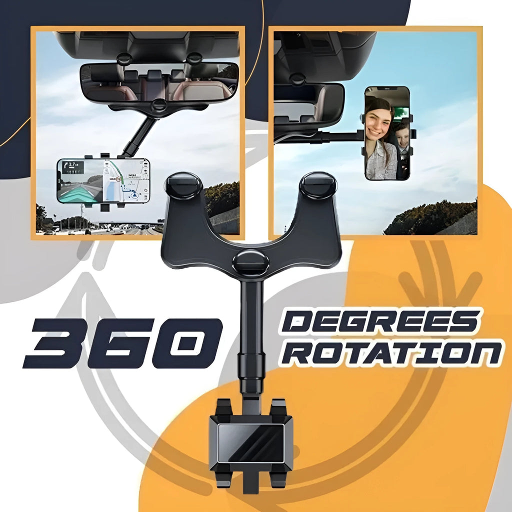 Black rearview mirror car phone holder with telescopic arm and rotating phone clamp.