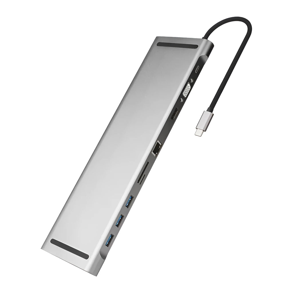 Grey 10-port aluminium docking station with cooling bracket showing HDMI, VGA, and USB connections